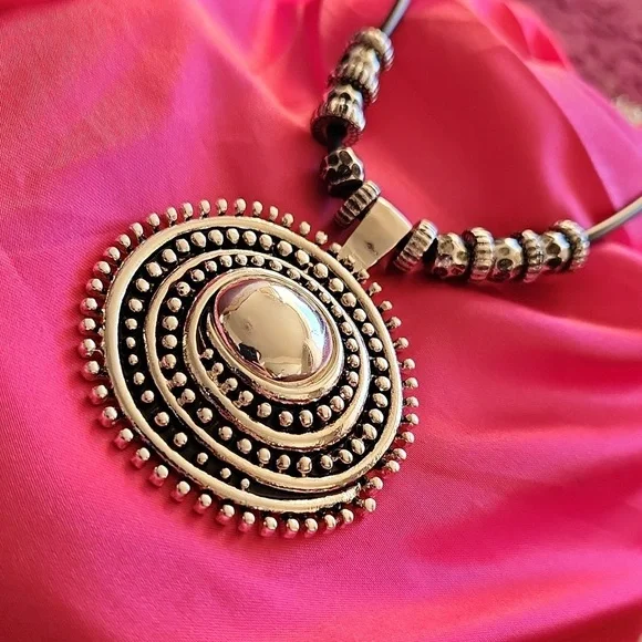 Traditional Beautiful Oxidized Silver Leather  Strap Necklace - Picture 2 of 13